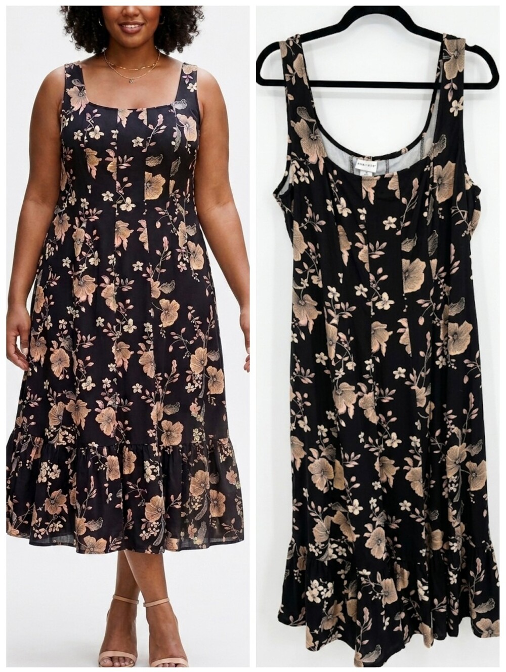 Ava & Viv Floral Square-Neck Dress in Black & Beige Women's Plus Size 17 NWT